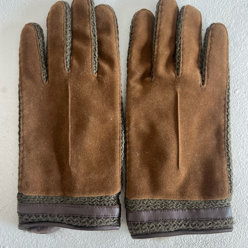 vintage brown leather tapestry stitched rabbit fur lined retro driving gloves